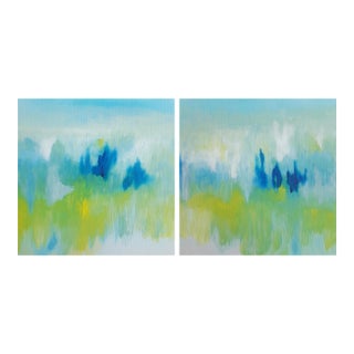 "It Must Be Love" Original Abstract Blue, Yellow and Green Canvas Print Sets - Set of 2 For Sale