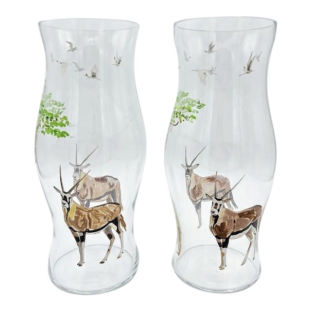 Pair of Glass Hand-Painted African Wildlife Hurricane For Sale
