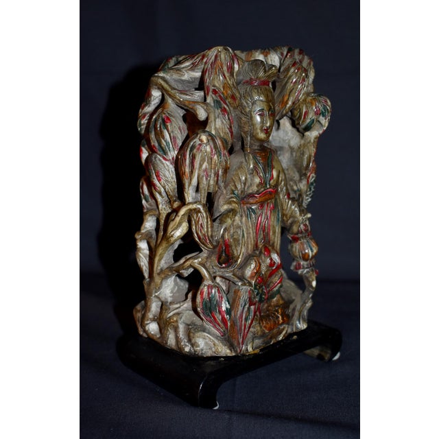 Asian Vtg. Carved Asian Style Soapstone Goddess Statue on Wood Base For Sale - Image 3 of 15