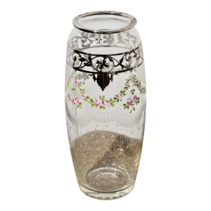 Antique Bohemian Etched Glass Vase W/Floral Enamel and Sterling Silver Overlay