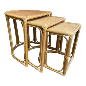Vintage 1970's Bamboo & Rattan Demilune Nesting Tables ~ Set of 3