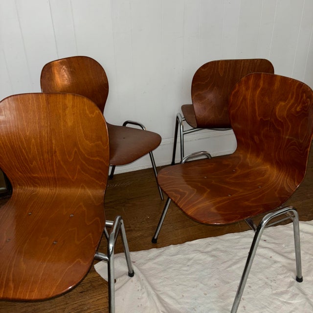 Vintage Bentwood Stacking Chairs – Danish Modern Style, Chrome Frame (Set of 4) For Sale - Image 9 of 11
