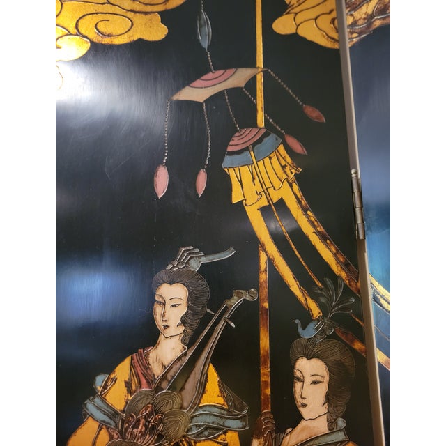 Paint 8‑panel Asian Lacquer Folding Screen For Sale - Image 7 of 12