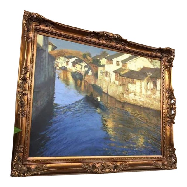 Vintage Original Oil Painting Signed by Artist - Suzhou Canal - Framed - Oil on Canvas Horizontal For Sale