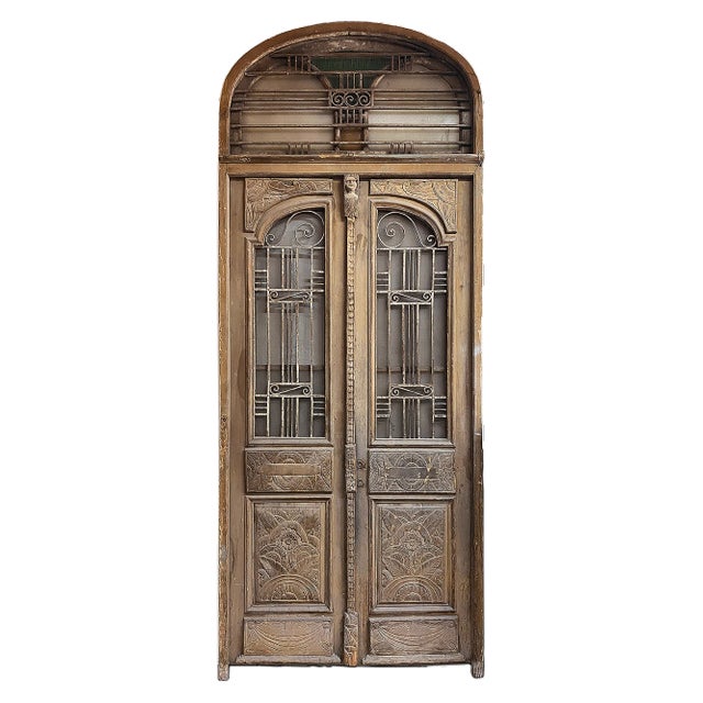 Brown Entry Doors Antique Carved Wood and Wrought Iron For Sale - Image 8 of 8