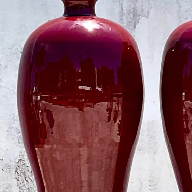 Vintage Boho Monumental “Sang De Bouf” Glazed Ceramic Vases - a Pair For Sale - Image 9 of 13