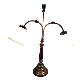 Vintage Art Nouveau Double Arm Brass Table Lamp With Ornate Fruited Base and Two Curved Arms W/Bell Shaped Glass Shades For Sale