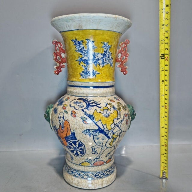Yellow Mid 20th Century Yellow Ground Porcelain Vase With Figural Narrative and Scroll Handles For Sale - Image 8 of 9