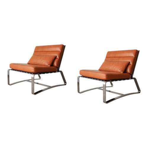 Substantial Pair of Italian Stainless Steel and Leather Lounge Chairs