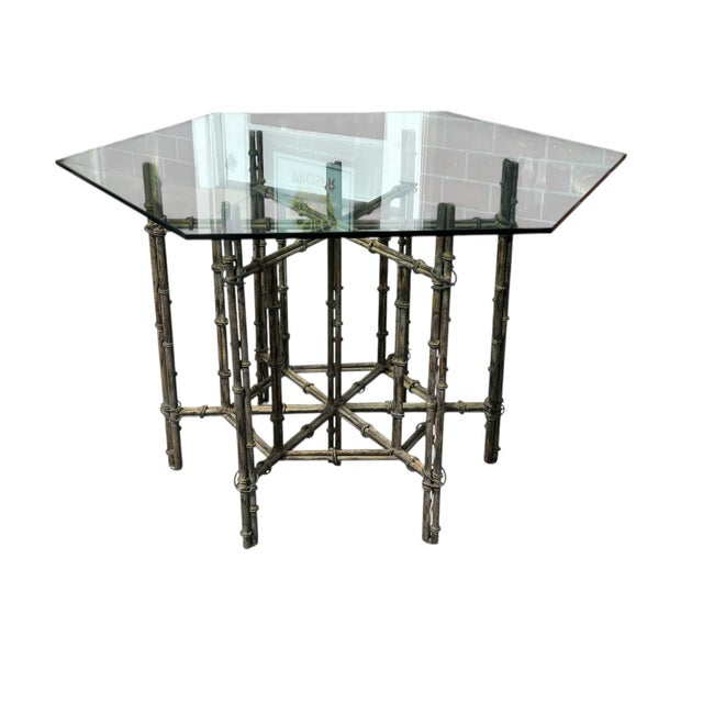 Hollywood Regency Style Faux Bamboo Metal & Glass Dining or Center Table.