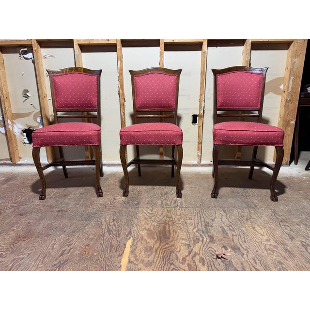 Antique Victorian Style Hand Carved Oak Lion Feet Dining Chairs. Set of 3 Solid wood frame, upholstery is useable as is...