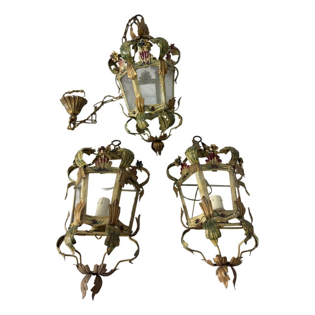 Vintage Wall Lamps and Pendant Light in Decorated Wrought Iron, 1950s, Set of 3 For Sale