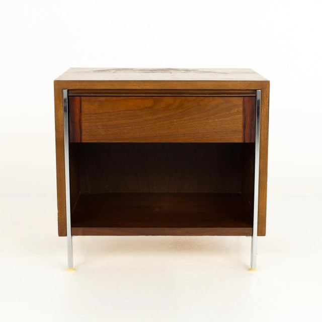 Paul McCobb Style Lane Mid Century Chrome and Walnut Nightstand This nightstand measures: 24 wide x 17 deep x 22.5 inches...