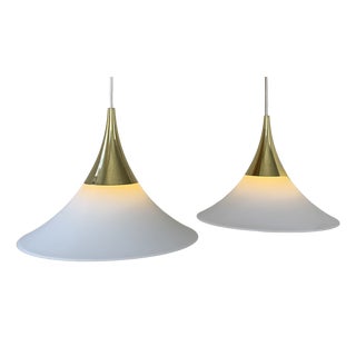 Brass and Opaline Glass Pendant Lights from Limburg, Germany, 1970s, Set of 2 For Sale