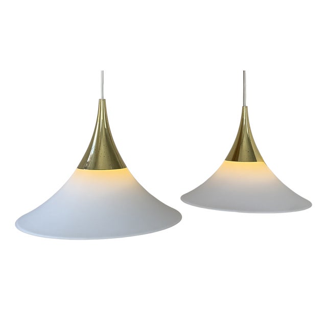 Brass and Opaline Glass Pendant Lights from Limburg, Germany, 1970s, Set of 2 For Sale