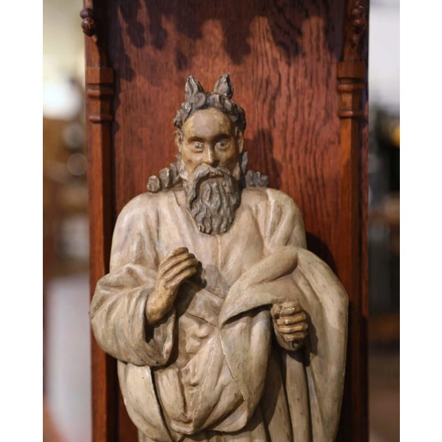 Figurative 18th Century French Polychrome Carved Moses Sculpture in Gothic Oak Shrine For Sale - Image 3 of 12