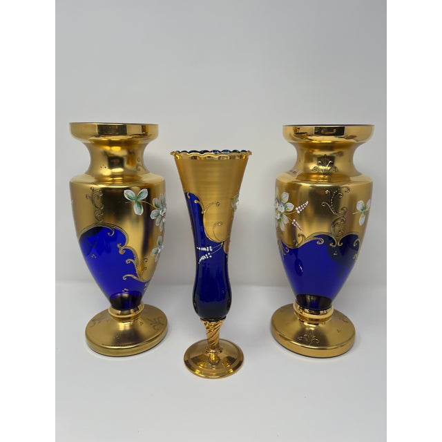 Moser Glassworks Signed Antique Moser Karlsbad Cobalt & Gilt Enamel Art Glass Garniture Set, 3 Pieces, Circa 1900 For Sale - Image 4 of 11