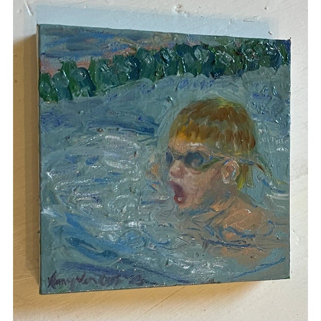 Sky Blue “First Swim Meet”, Expressionist, Figurative, Original Oil Paintings, Childhood Art For Sale - Image 8 of 13