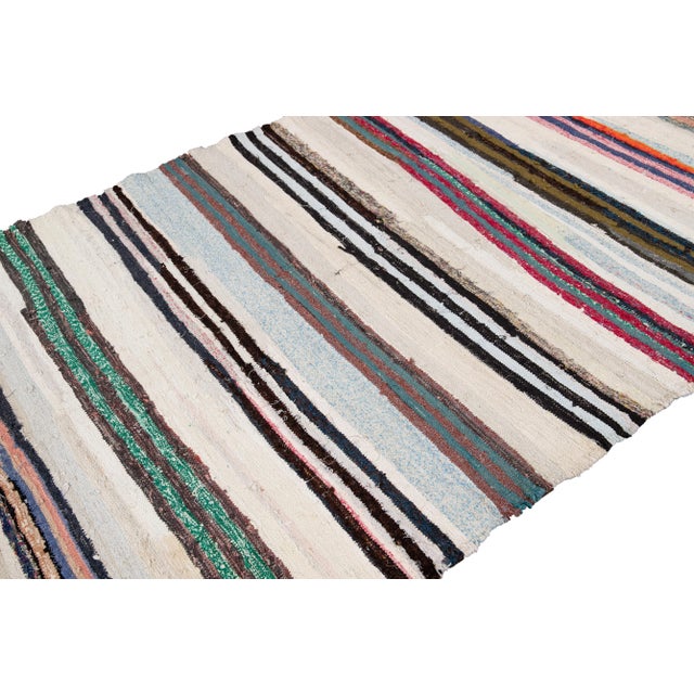 Vintage Kilim Wool Handmade Ivory Stripes Wool Runner For Sale - Image 9 of 13