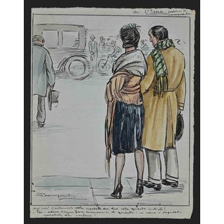 Luigi Bompard, The Street, 1920s, Watercolor and Ink, Framed For Sale