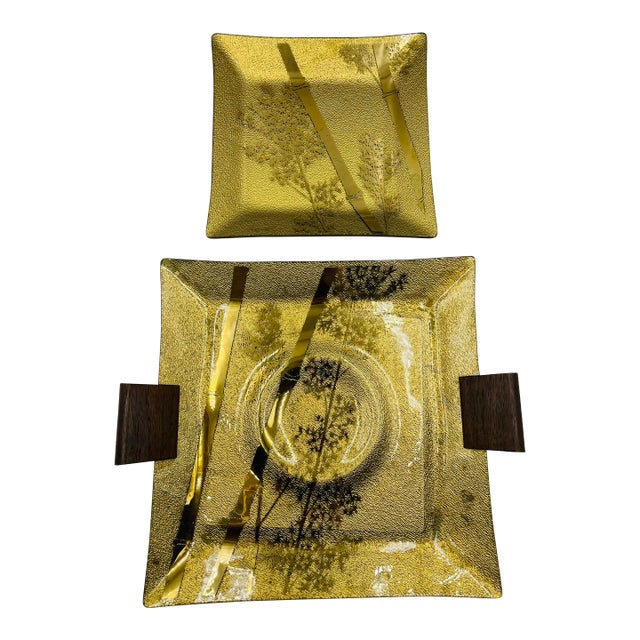 Vintage Ernest Sohn Glass Gold Serving/Display Trays With Bamboo Motif- Set of 2 For Sale