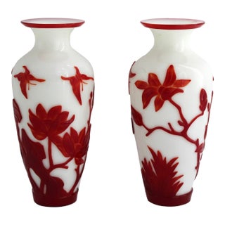 Antique Pair of Chinese Peking Glass Vases W/ Birds & Lotus Flowers, C1900, 10” For Sale