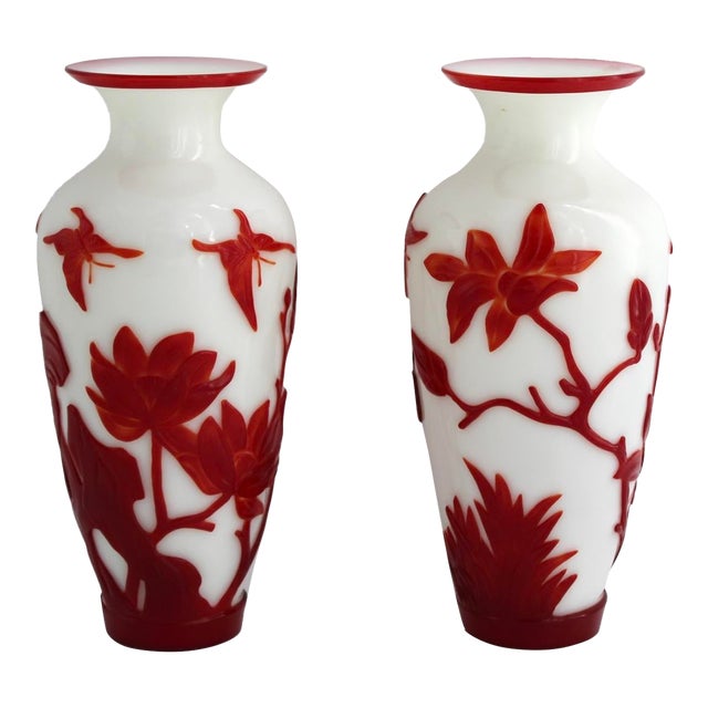 Antique Pair of Chinese Peking Glass Vases W/ Birds & Lotus Flowers, C1900, 10” For Sale