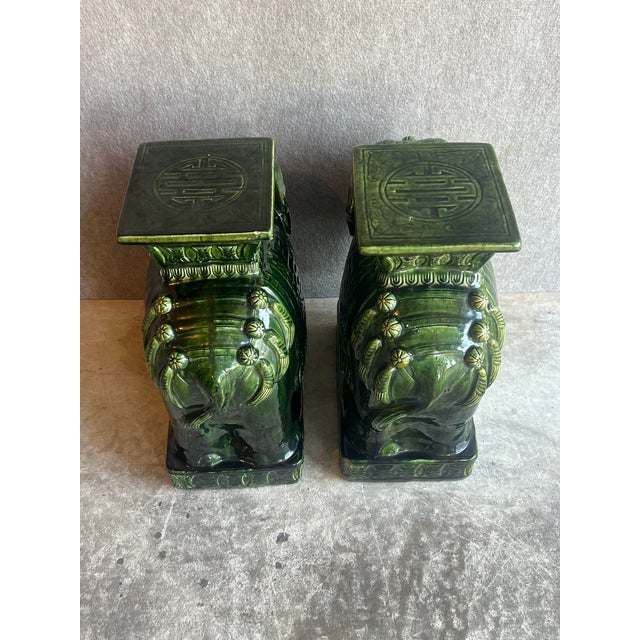 Late 20th Century Large Pair of Palm Beach Regency Style Green Glazed Ceramic Elephant Stands or Stools For Sale - Image 11 of 13