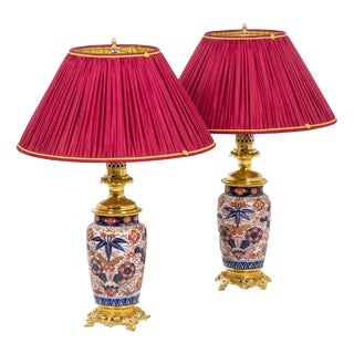 Imari Porcelain & Gilt Bronze Table Lamps, 1880, Set of 2 For Sale