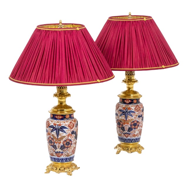 Imari Porcelain & Gilt Bronze Table Lamps, 1880, Set of 2 For Sale