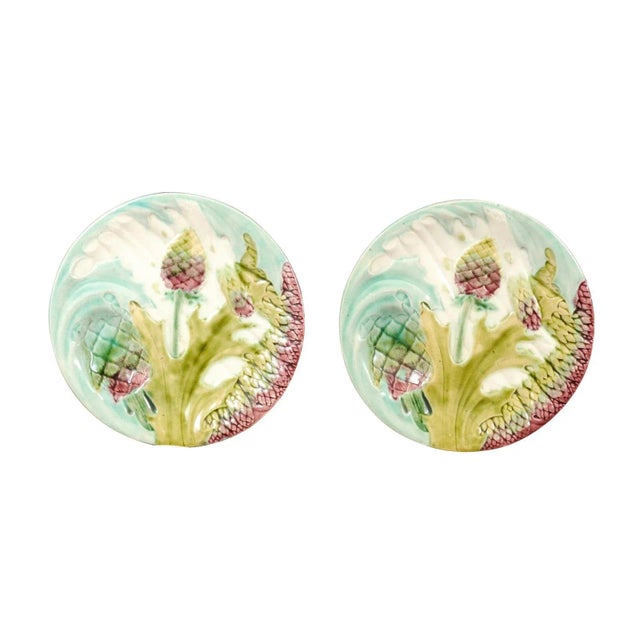 French 1880s Lunéville Majolica Asparagus and Artichoke Dinner Plates - A Pair For Sale - Image 12 of 12