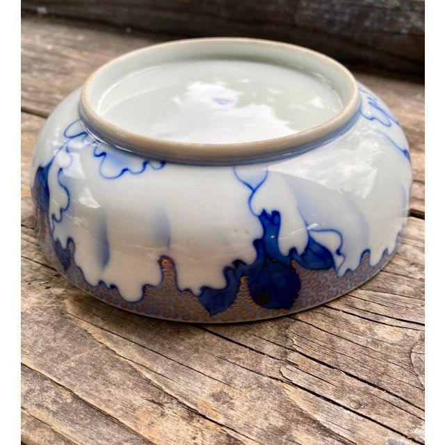 Vintage Japanese Porcelain Bowl With Peony & Butterfly Motif in Cobalt Blue For Sale - Image 9 of 11
