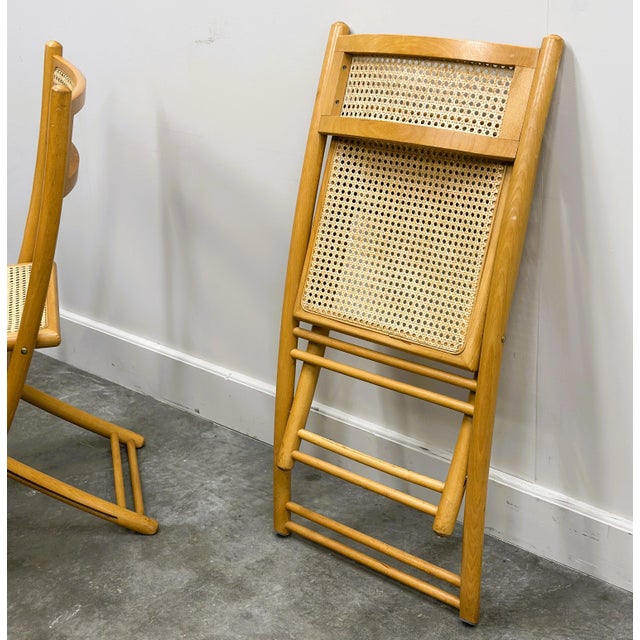 Mid-Century Belgian Folding Chairs in Wood and Hand-Woven Cane, Set of 4 For Sale - Image 9 of 15