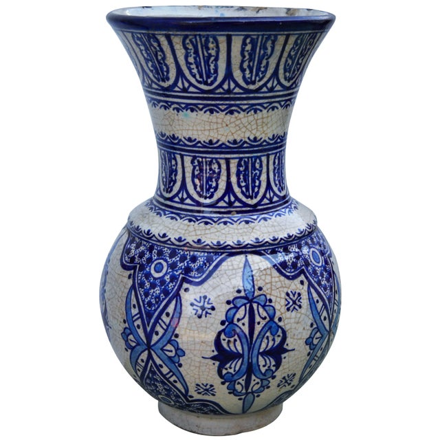 handcrafted ceramic vase with an intricate hand-painted Moorish pattern in blue and white. Made in Fez, Morocco. Signed...
