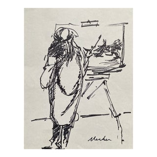 Alexandra Merker Artist and Easel Drawing For Sale