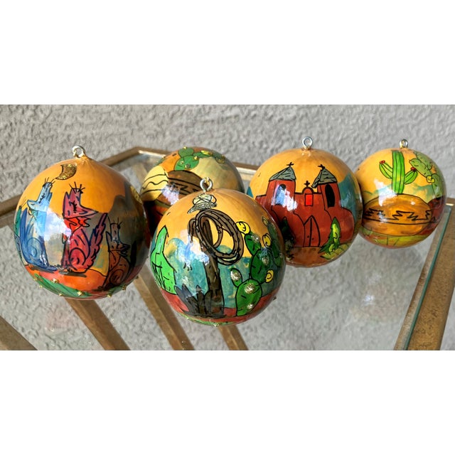 Tan Set of 5 Late 20th-Century Hand-Painted Gourd Hanging Ornaments, New Mexico For Sale - Image 8 of 18