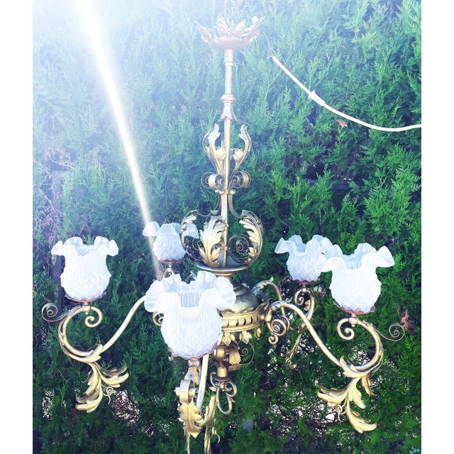 Antique Brass, Copper, and Glass 5-Arm Chandelier, 1900s For Sale - Image 4 of 18
