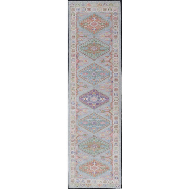 Colorful Modern Oushak Runner With Diamond Medallions and Multi-Tier Border For Sale - Image 12 of 12