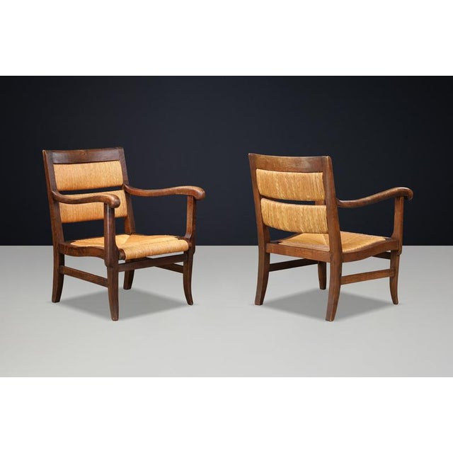 French Lounge Chairs in Oak and Rush, 1950s, Set of 2 For Sale - Image 4 of 10