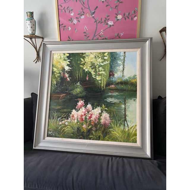 Offered is an original signed oil painting. This landscape oil features beautiful shades of green and pink, matted and...
