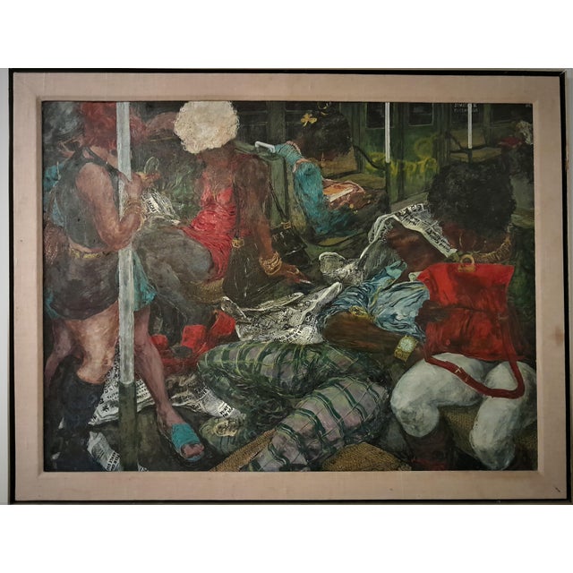 1970s Julian Rockmore 1970s New York City Subway Scene With Man Sleeping With Newspaper Social Realism Modert Art Oil on Canvas For Sale - Image 5 of 13
