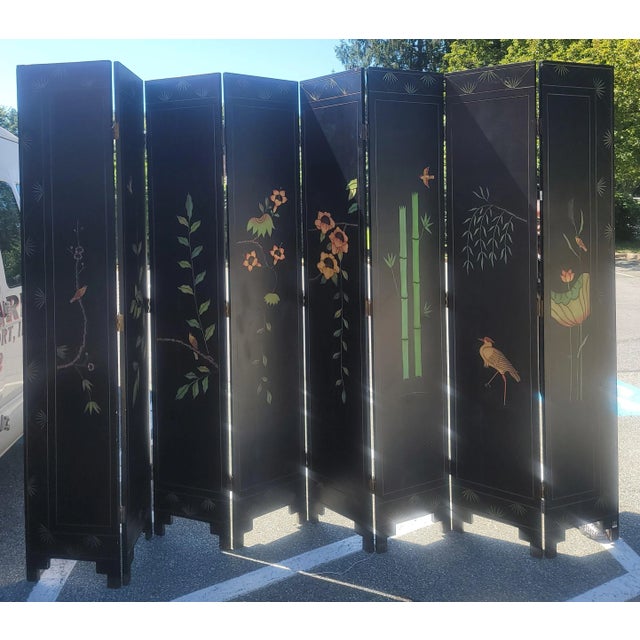 Black Asian Polychrome Coromandel Black Lacquered Enamel Eight-Panel Court Floor Screen For Sale - Image 8 of 12