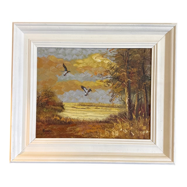 Vintage Oil Painting Landscape With Mallard Ducks Landing by Bennett For Sale