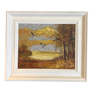 Vintage Oil Painting Landscape With Mallard Ducks Landing by Bennett