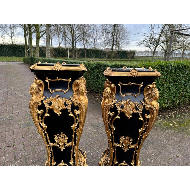 Late 20thC Italian Baroque Black Gold Pedestals – Pair For Sale - Image 11 of 14