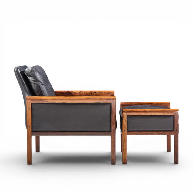 Knut Saeter for Vatne Møbler Mid Century Norwegian Rosewood and Leather Lounge Chairs - Pair With Ottoman For Sale - Image 11 of 12