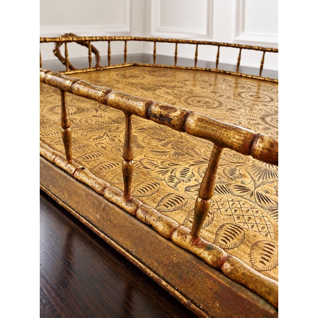 A spectacular oversized vintage brass gallery tray, measuring approximately 48 inches long by 24 inches wide. This...