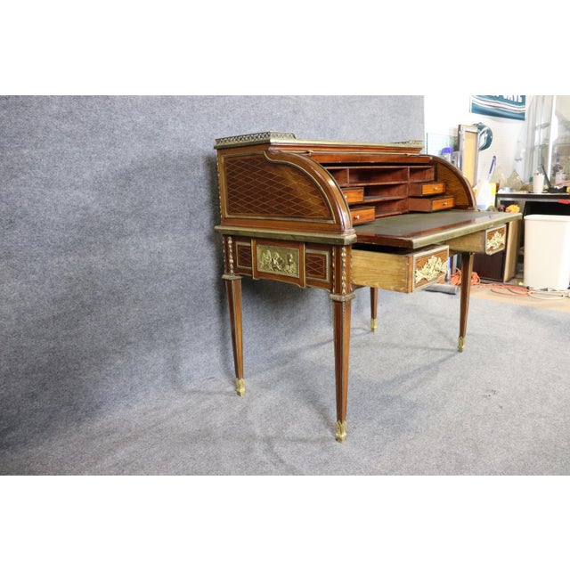 Louis XVI 19th C. Bronze Mounted Figural Marqetry Inlaid Roll Top Desk For Sale - Image 12 of 17