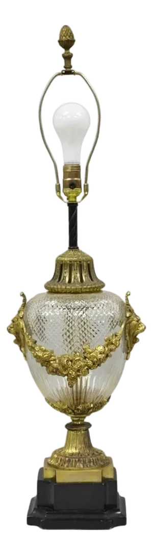 Antique French Neoclassical Bronze Lion Ormolu Diamond Cut Glass Urn Table Lamp