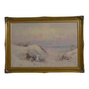 W. Brick Artist Signed Beach Oil Painting on Canvas